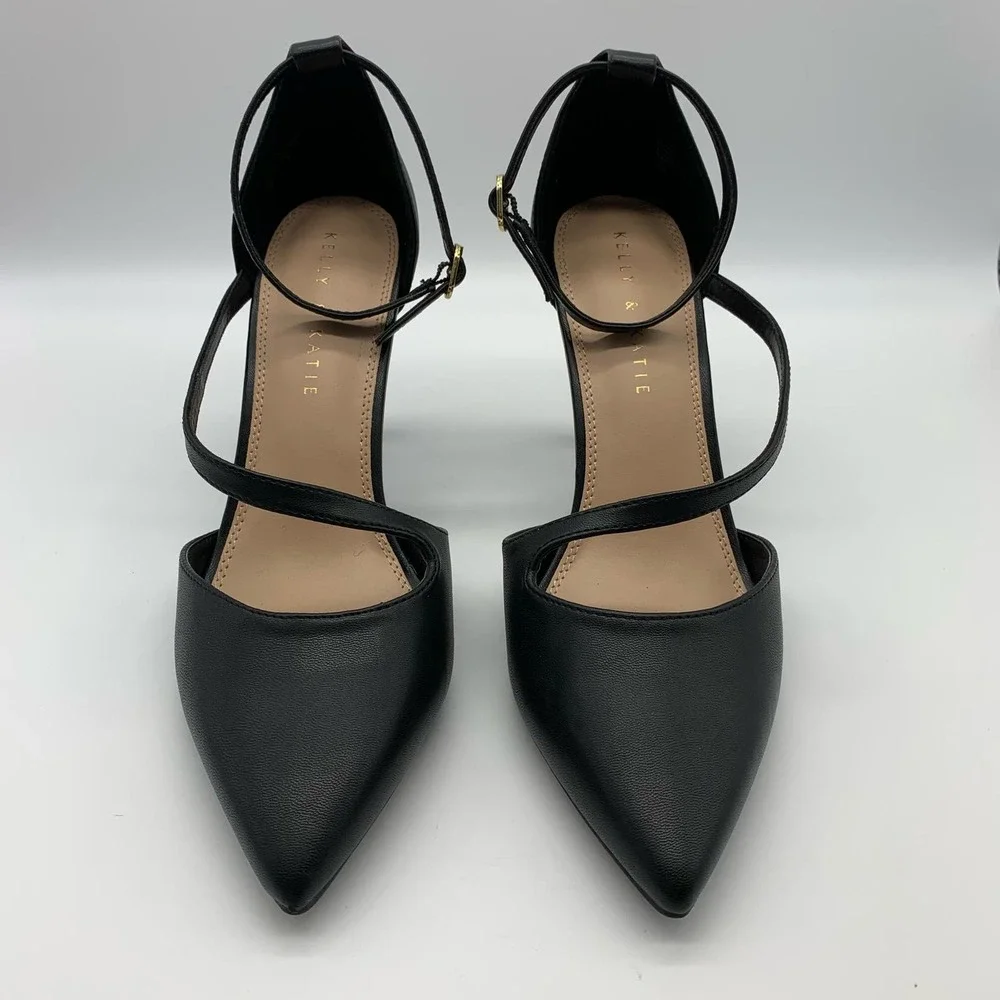 Kelly & Katie Pointed Toe Black Strappy Black Pumps With Gold Trim Heel Sz 10M - Picture 2 of 12